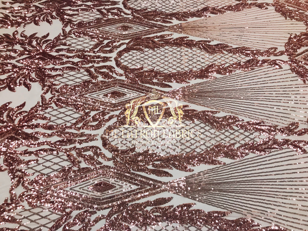 4 Way Stretch - Pink - Triangle Design Sequins Fabric Embroidered Mesh Sold By The Yard