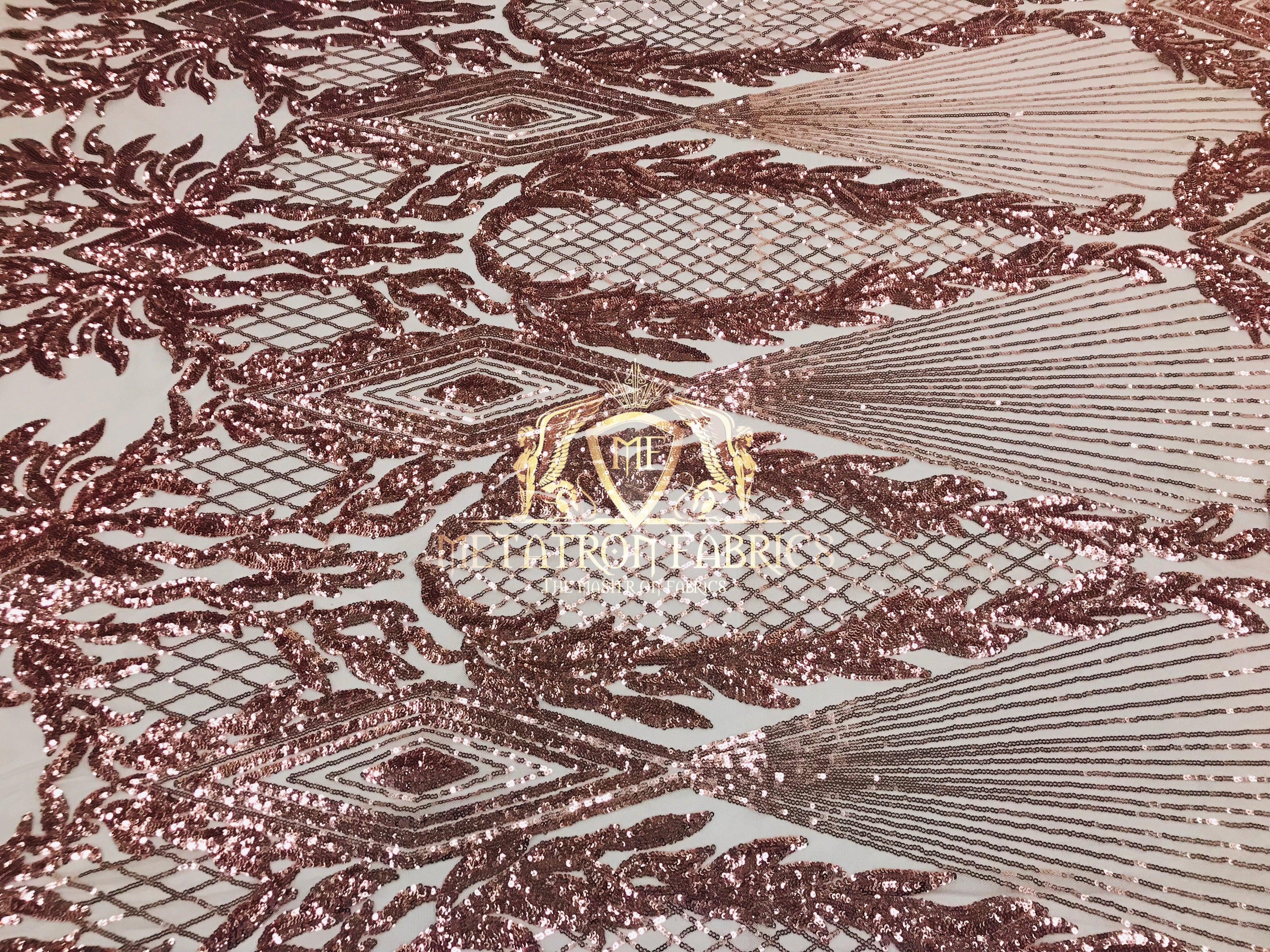 4 Way Stretch - Pink - Triangle Design Sequins Fabric Embroidered Mesh Sold By The Yard