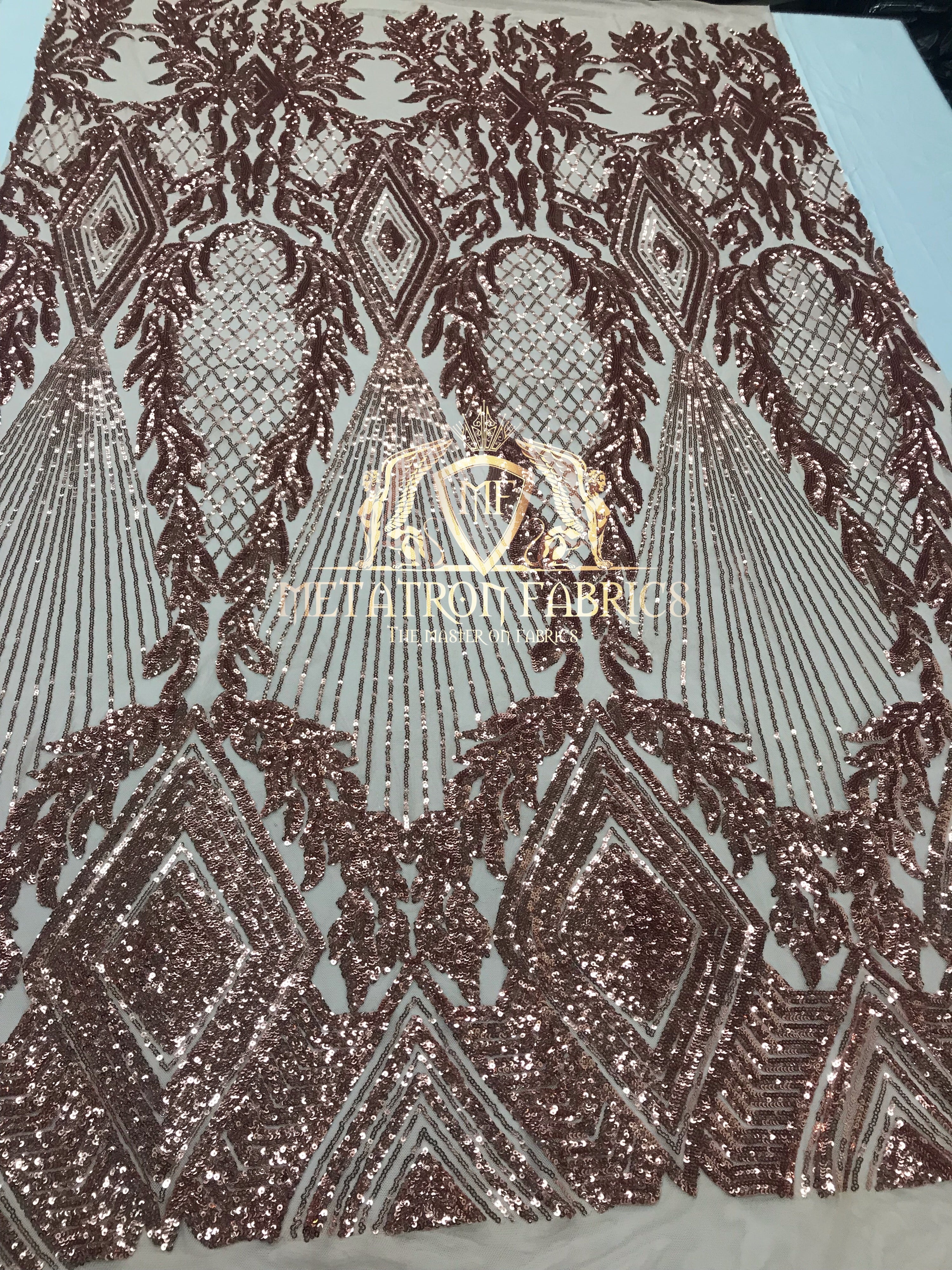 4 Way Stretch - Pink - Triangle Design Sequins Fabric Embroidered Mesh Sold By The Yard