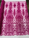 Luxury Bead Design - Magenta - Floral Fabric Embroidered w/ Pearls-Beads on Mesh Lace By Yard