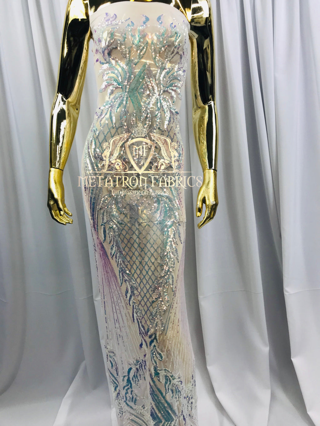 4 Way Stretch - Iridescent Clear - Triangle Design Sequins Fabric Embroidered Mesh Sold By The Yard