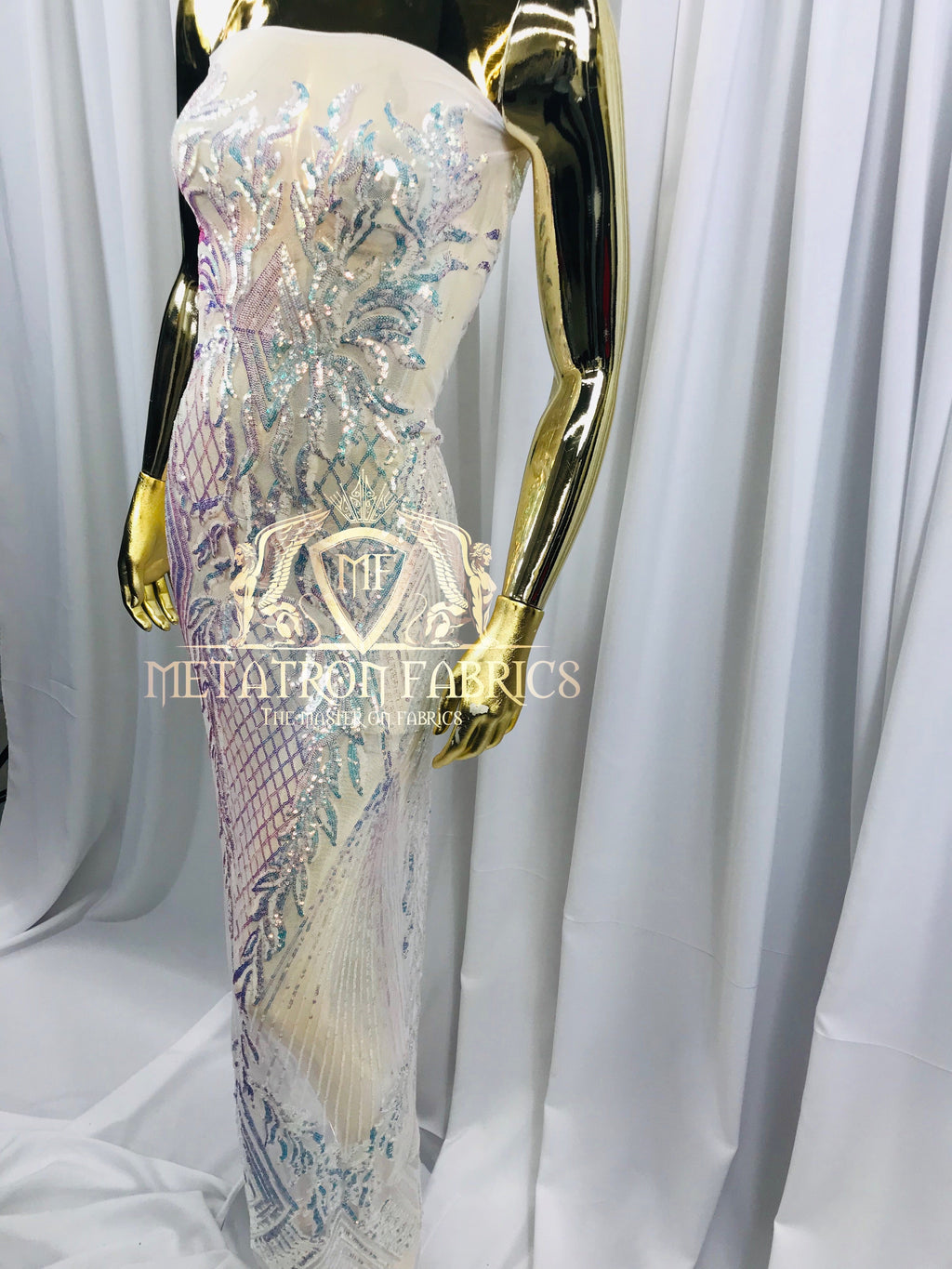 4 Way Stretch - Iridescent Clear - Triangle Design Sequins Fabric Embroidered Mesh Sold By The Yard