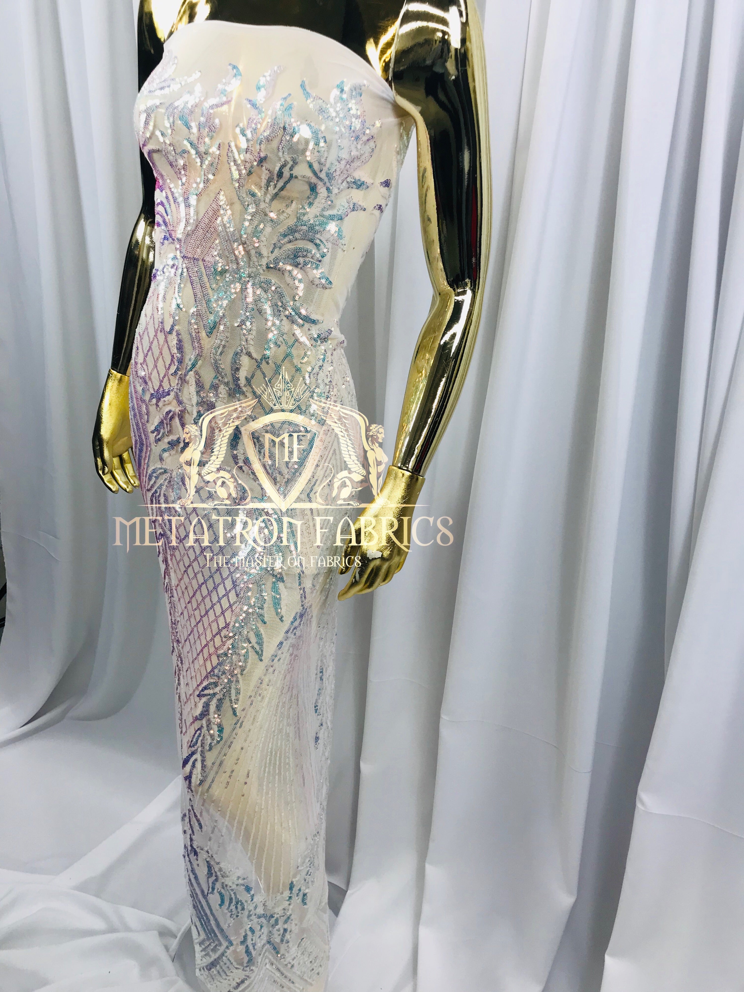 4 Way Stretch - Iridescent Clear - Triangle Design Sequins Fabric Embroidered Mesh Sold By The Yard