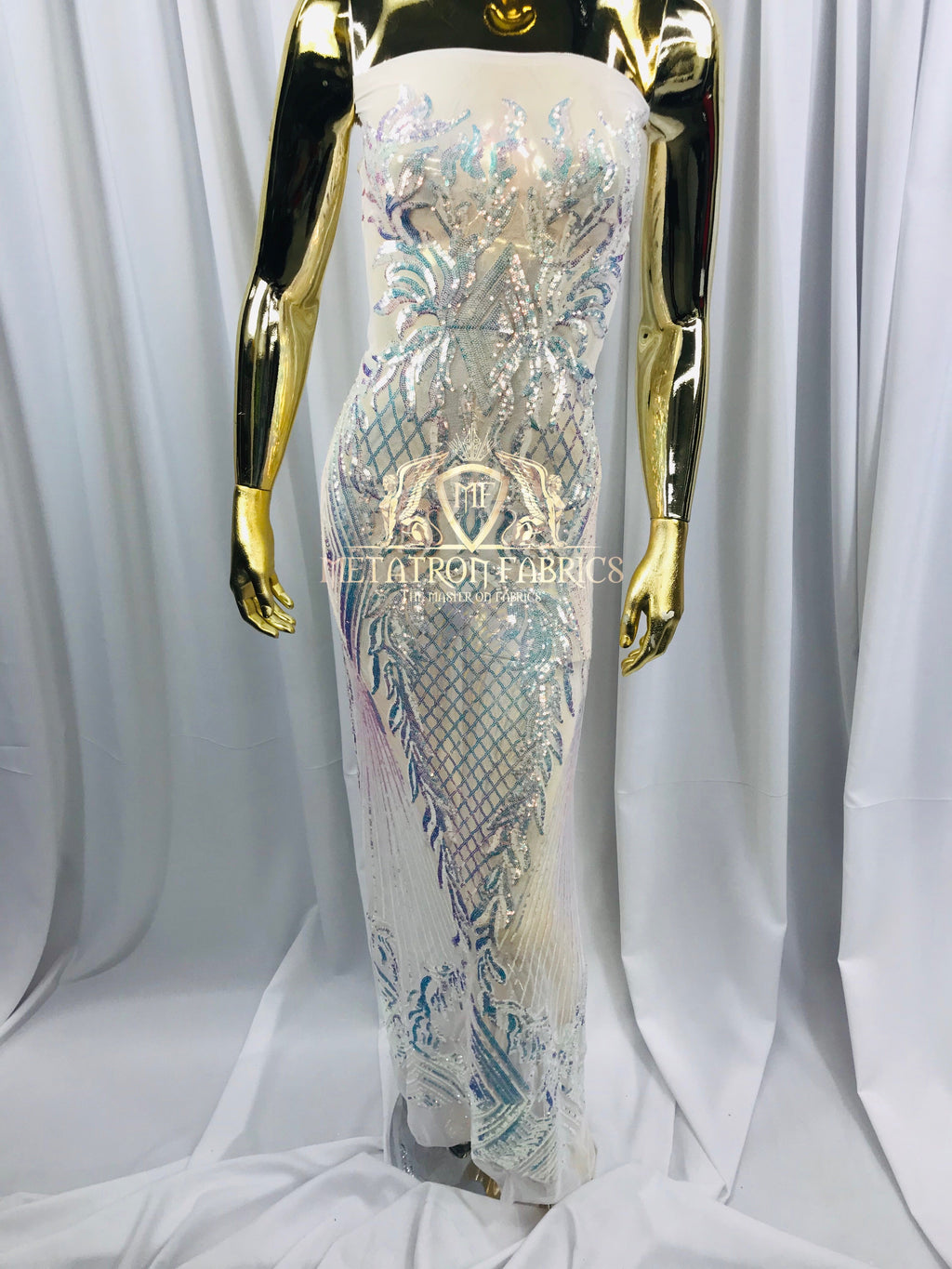 4 Way Stretch - Iridescent Clear - Triangle Design Sequins Fabric Embroidered Mesh Sold By The Yard