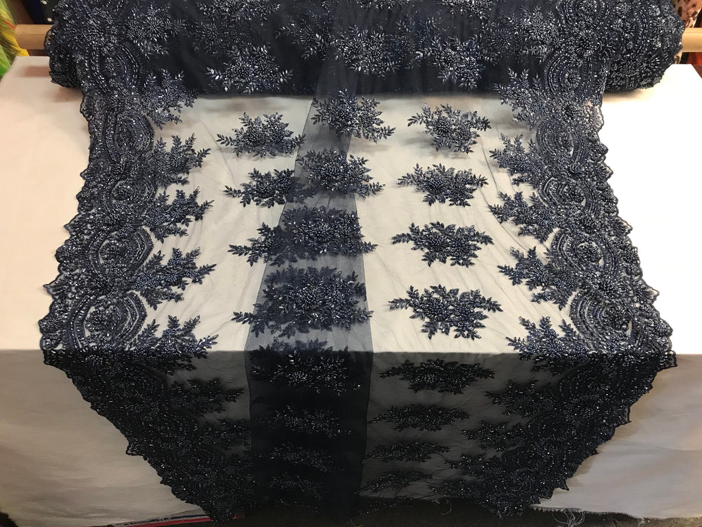 Beaded - Navy Blue - Embroidered Floral Design Fancy Sequins Fabric with Beads Sold By The Yard