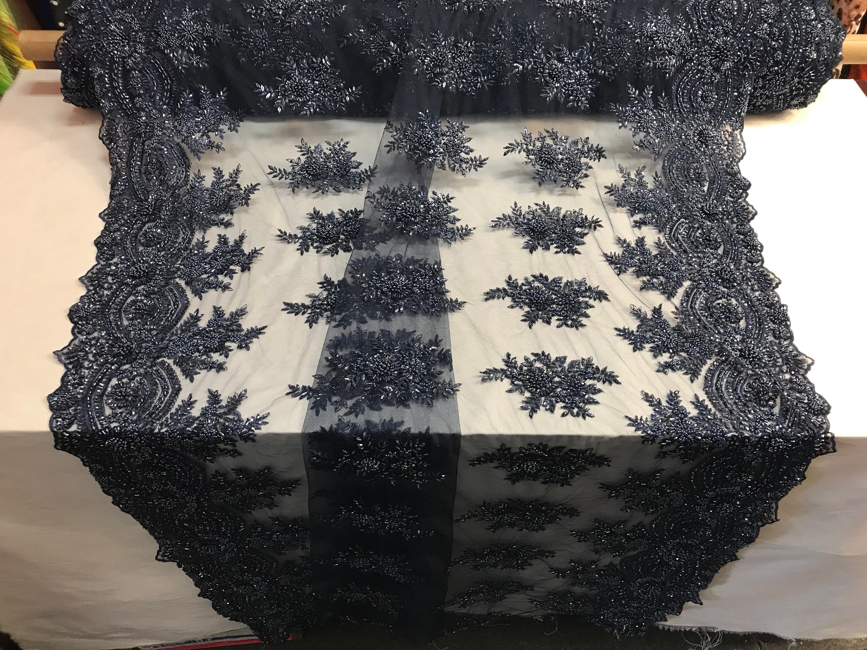 Beaded - Navy Blue - Embroidered Floral Design Fancy Sequins Fabric with Beads Sold By The Yard