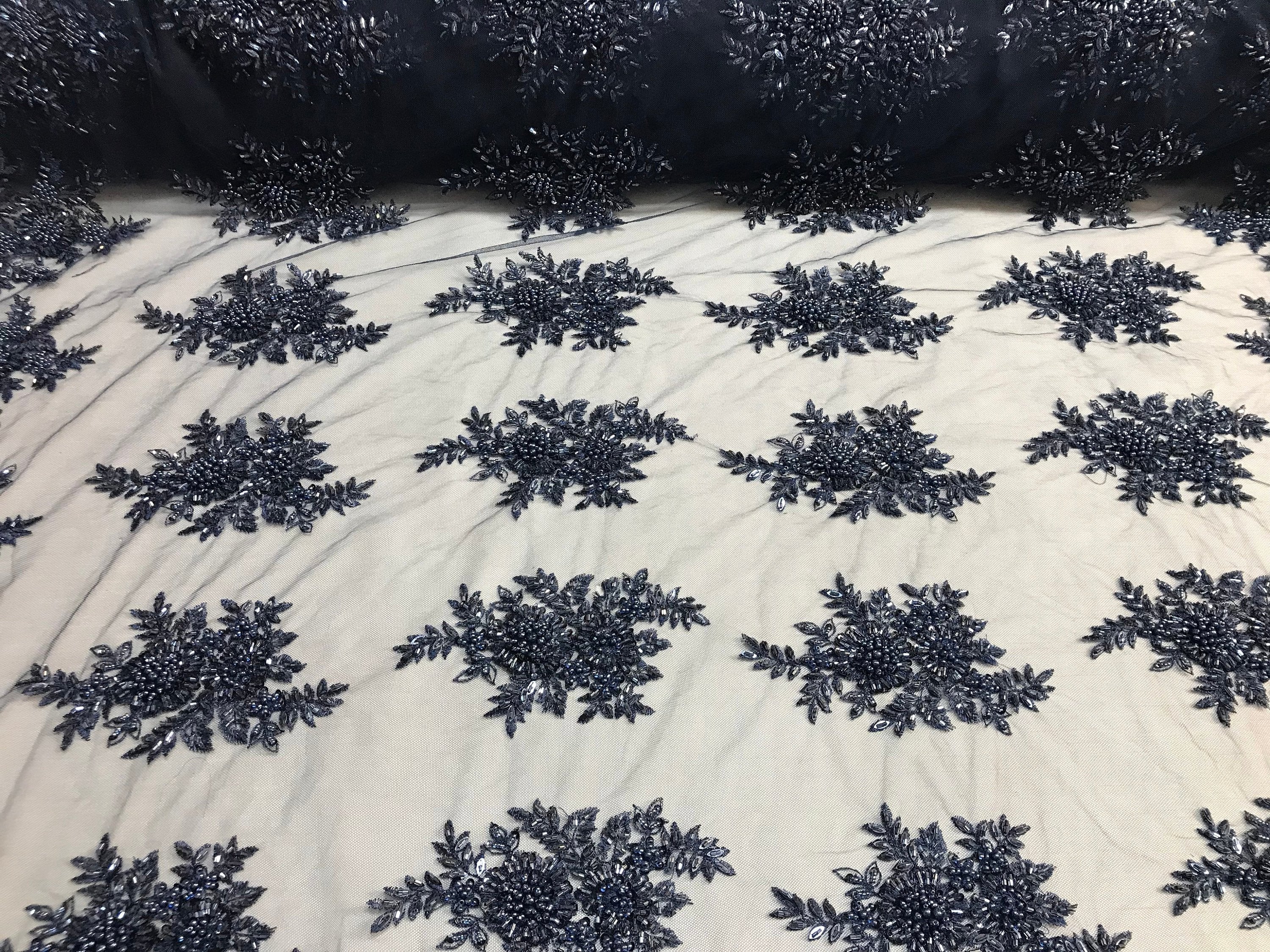 Beaded - Navy Blue - Embroidered Floral Design Fancy Sequins Fabric with Beads Sold By The Yard