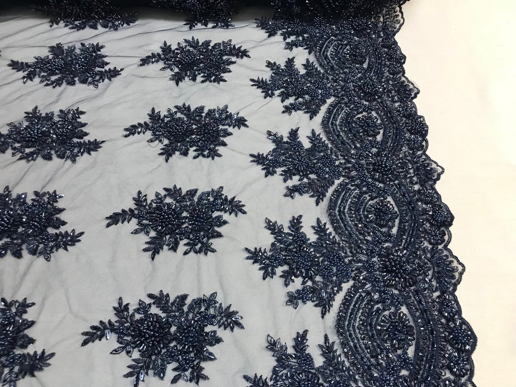 Beaded - Navy Blue - Embroidered Floral Design Fancy Sequins Fabric with Beads Sold By The Yard