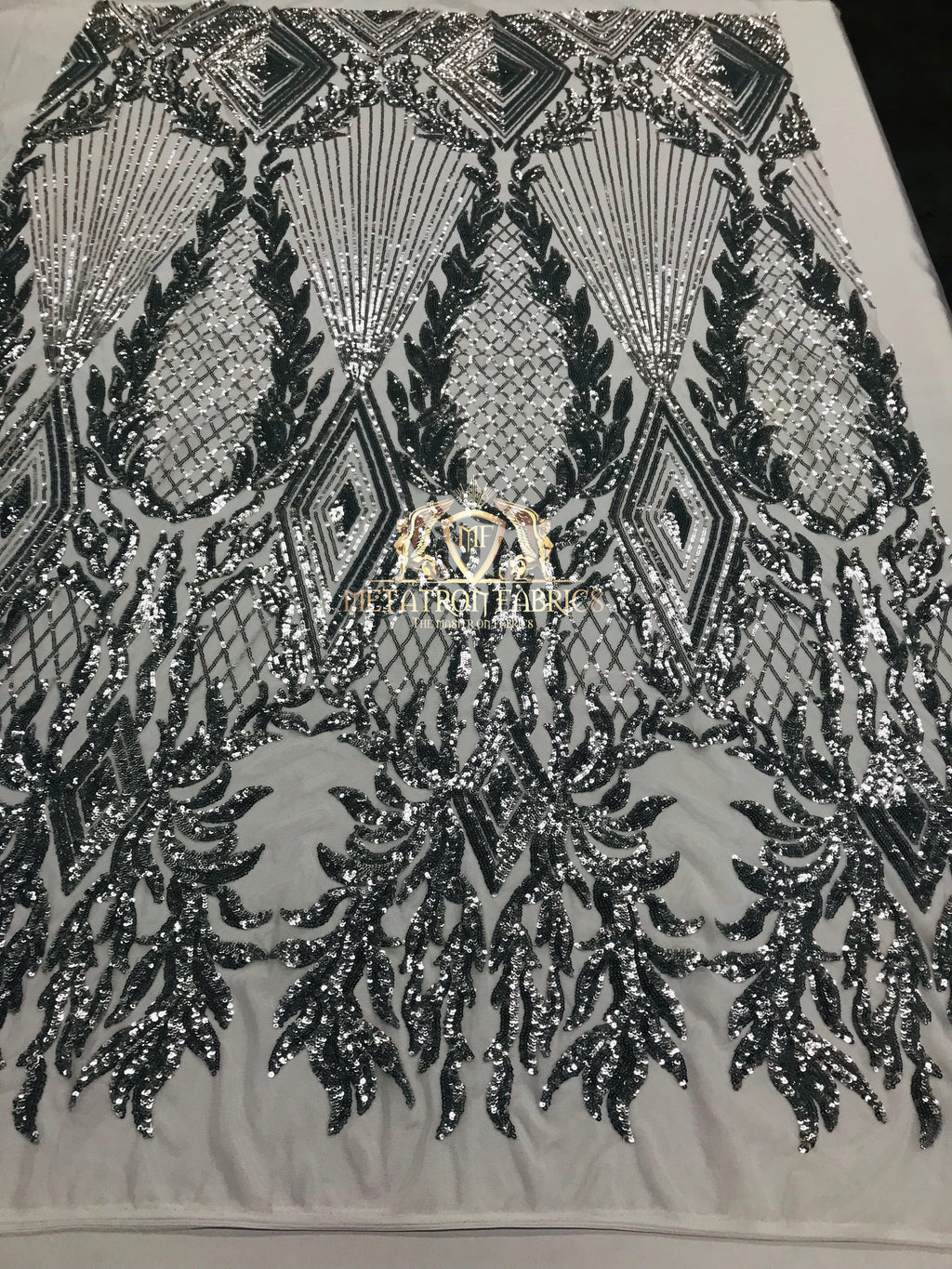 4 Way Stretch - Silver - Triangle Design Sequins Fabric Embroidered Mesh Sold By The Yard