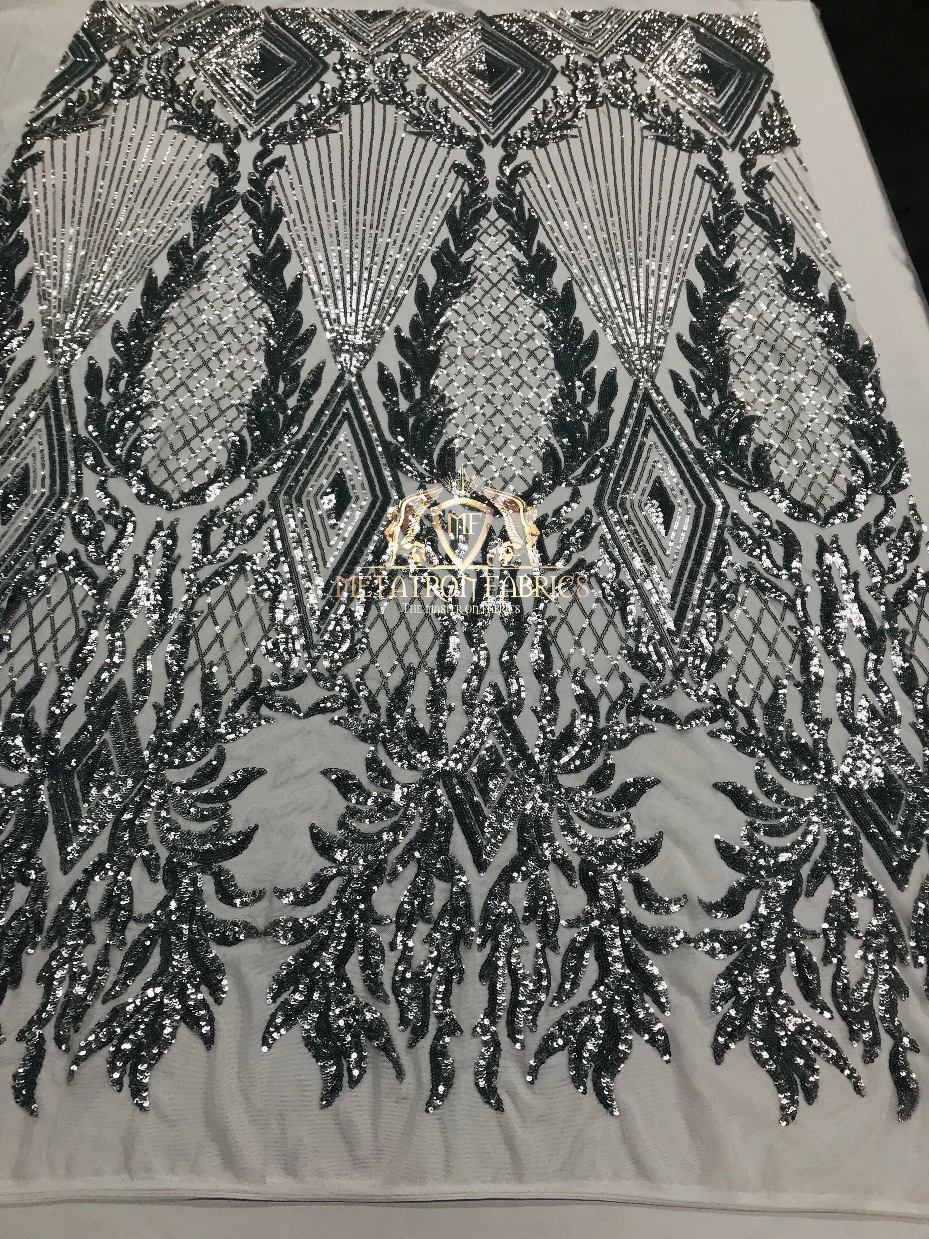 4 Way Stretch - Silver - Triangle Design Sequins Fabric Embroidered Mesh Sold By The Yard