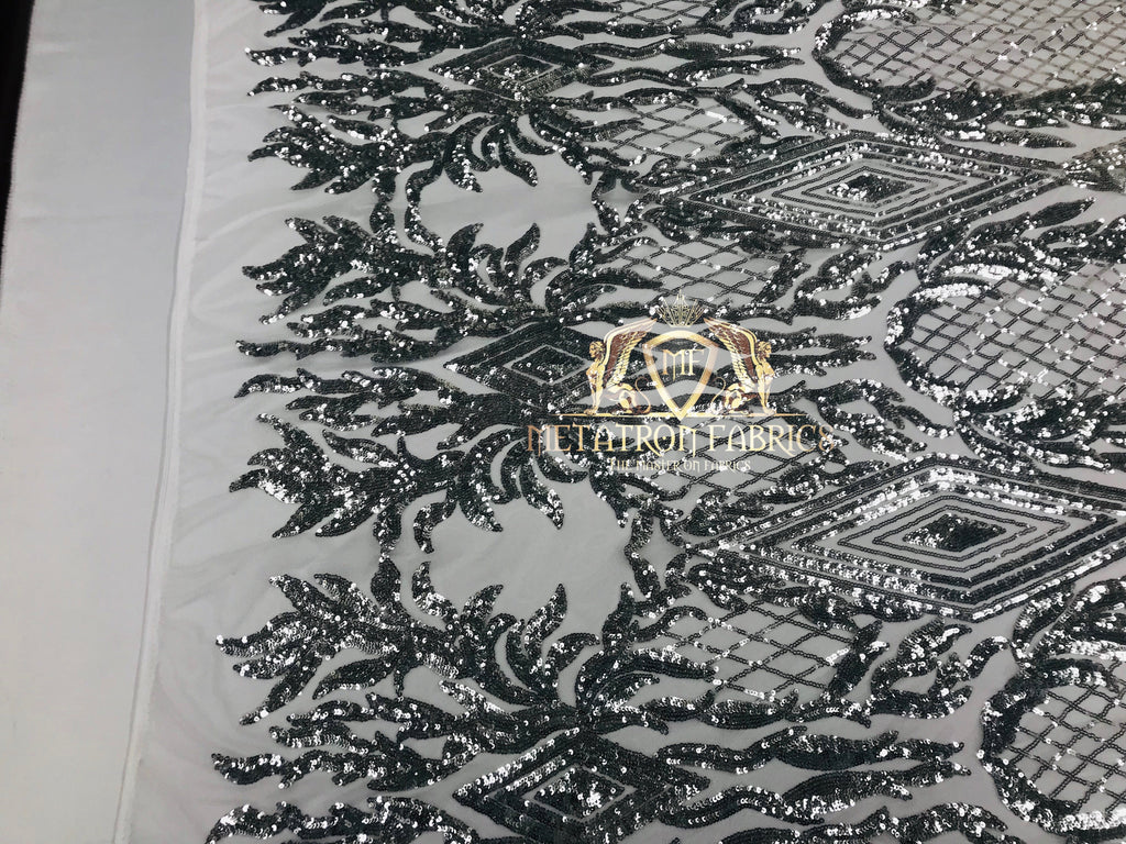 4 Way Stretch - Silver - Triangle Design Sequins Fabric Embroidered Mesh Sold By The Yard