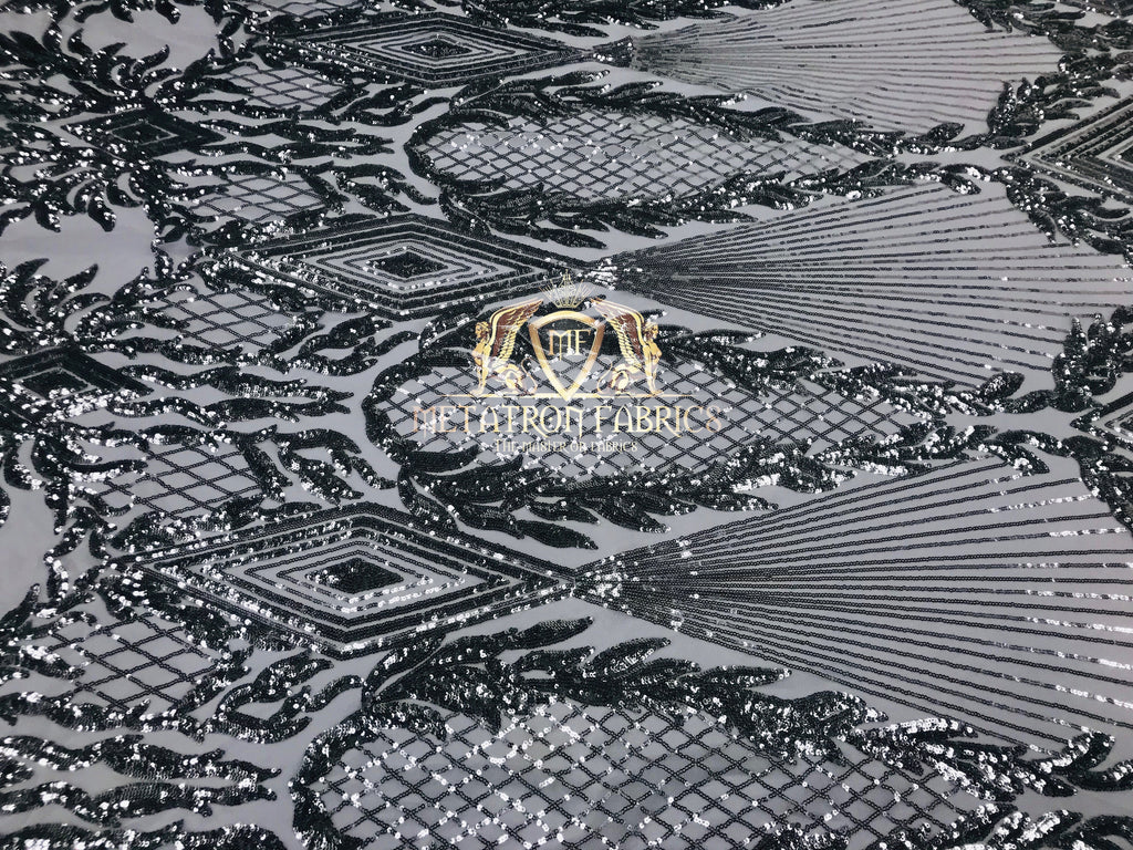4 Way Stretch - Silver - Triangle Design Sequins Fabric Embroidered Mesh Sold By The Yard