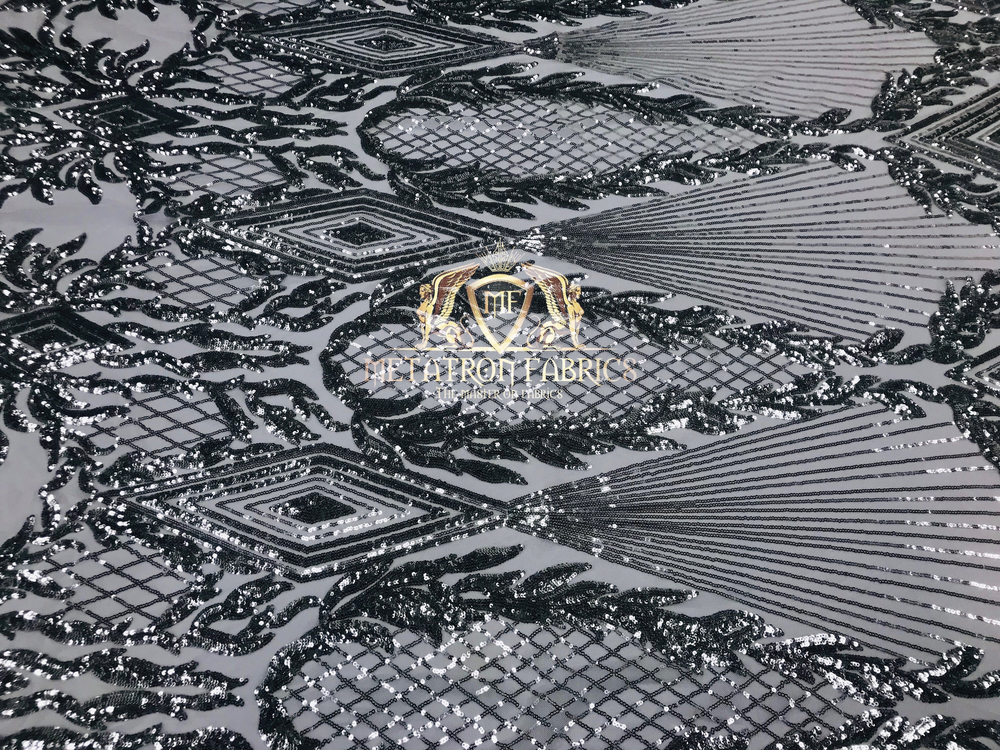 4 Way Stretch - Silver - Triangle Design Sequins Fabric Embroidered Mesh Sold By The Yard