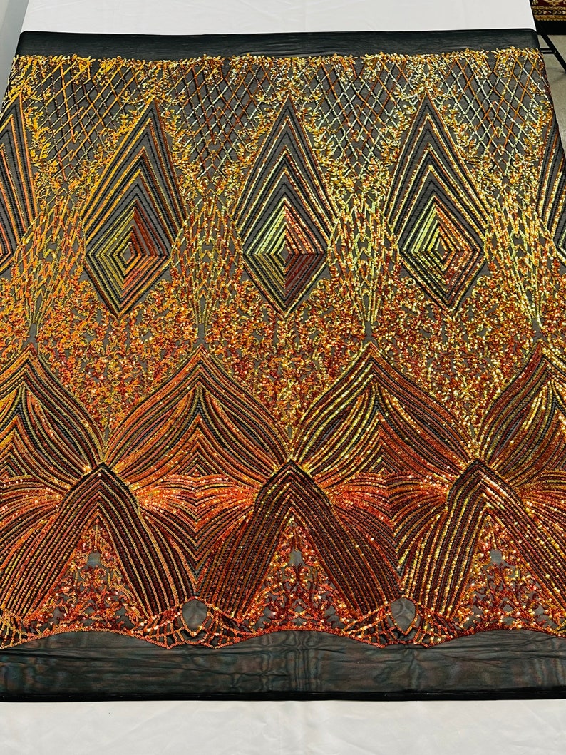 Orange Iridescent Sequins Fabric on Black Mesh, GEOMETRIC Design 4 way Stretch By The Yard