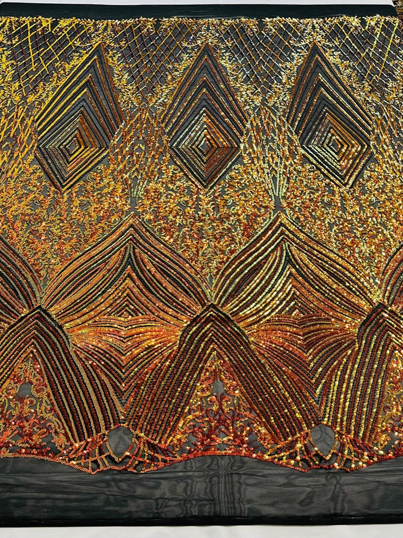 Orange Iridescent Sequins Fabric on Black Mesh, GEOMETRIC Design 4 way Stretch By The Yard