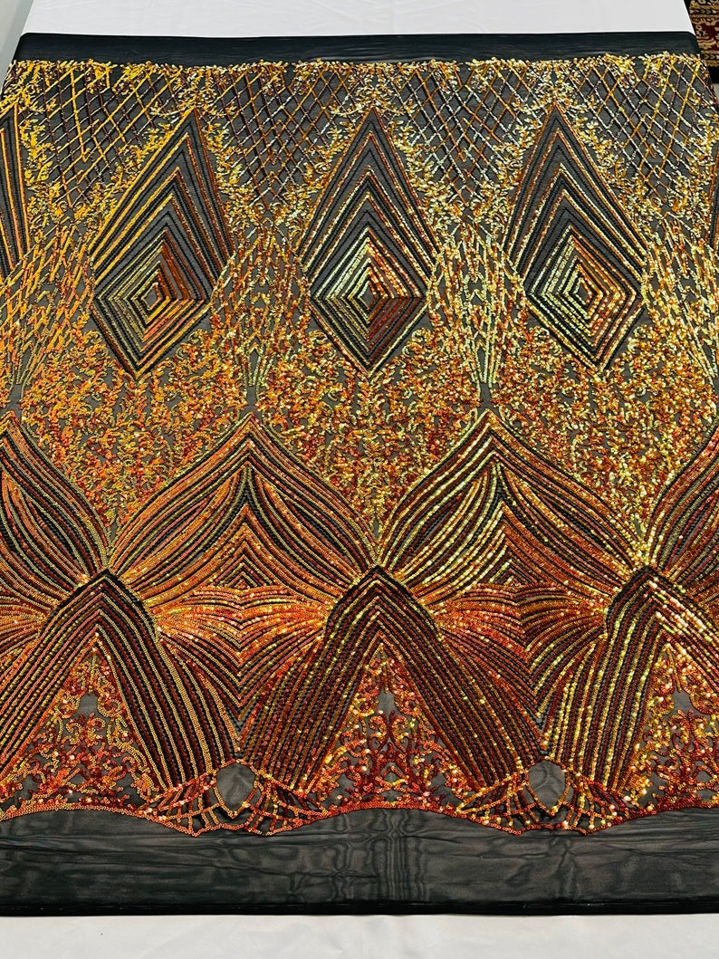 Orange Iridescent Sequins Fabric on Black Mesh, GEOMETRIC Design 4 way Stretch By The Yard