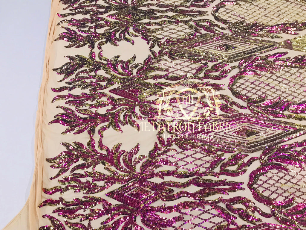 4 Way Stretch - Iridescent Purple - Triangle Design Sequins Fabric Embroidered Mesh Sold By The Yard