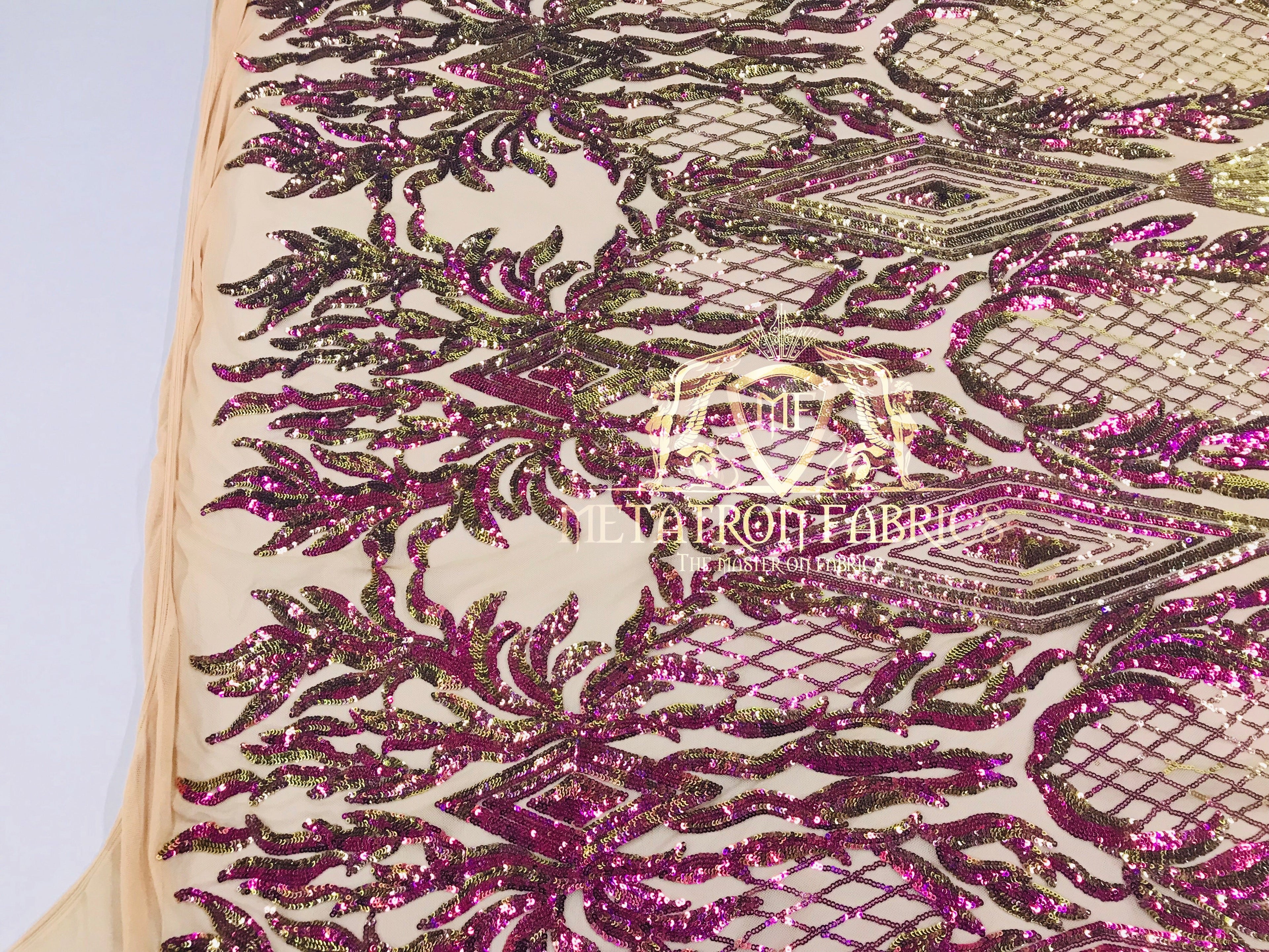 4 Way Stretch - Iridescent Purple - Triangle Design Sequins Fabric Embroidered Mesh Sold By The Yard