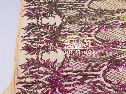 4 Way Stretch - Iridescent Purple - Triangle Design Sequins Fabric Embroidered Mesh Sold By The Yard