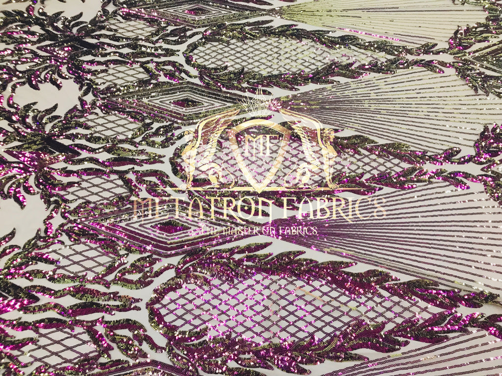 4 Way Stretch - Iridescent Purple - Triangle Design Sequins Fabric Embroidered Mesh Sold By The Yard