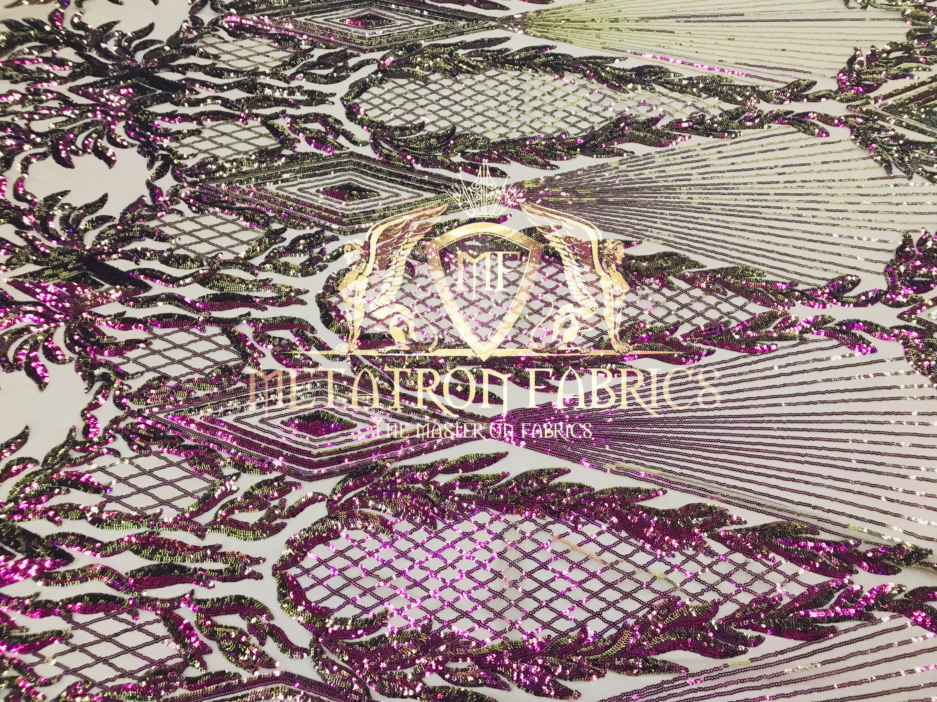 4 Way Stretch - Iridescent Purple - Triangle Design Sequins Fabric Embroidered Mesh Sold By The Yard