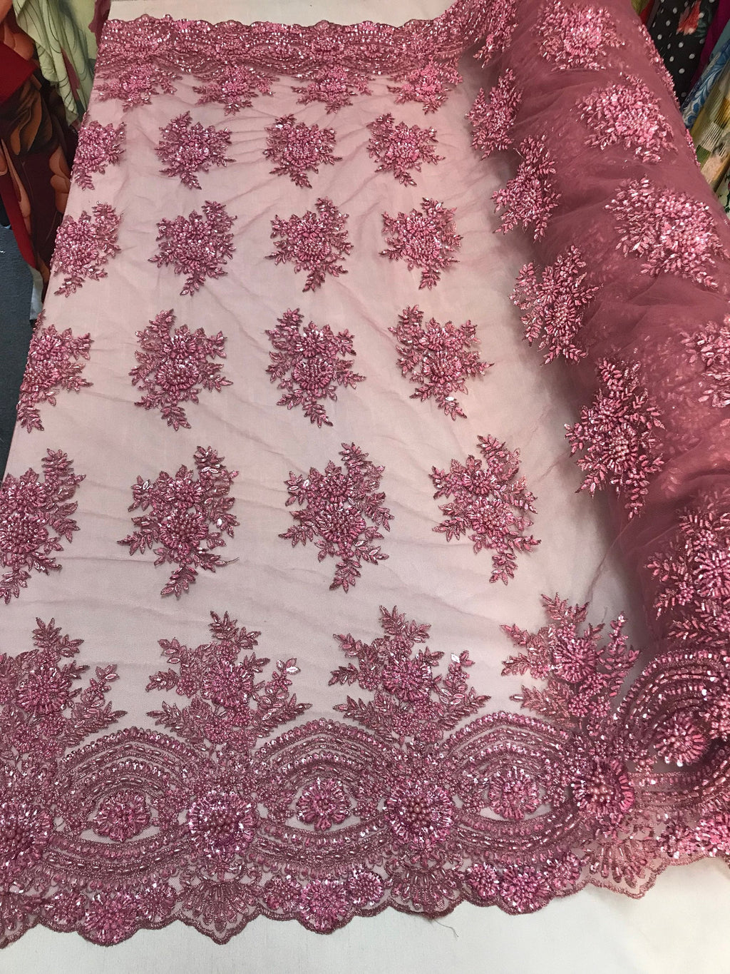 Beaded - Pink - Embroidered Floral Design Fancy Sequins Fabric with Beads Sold By The Yard