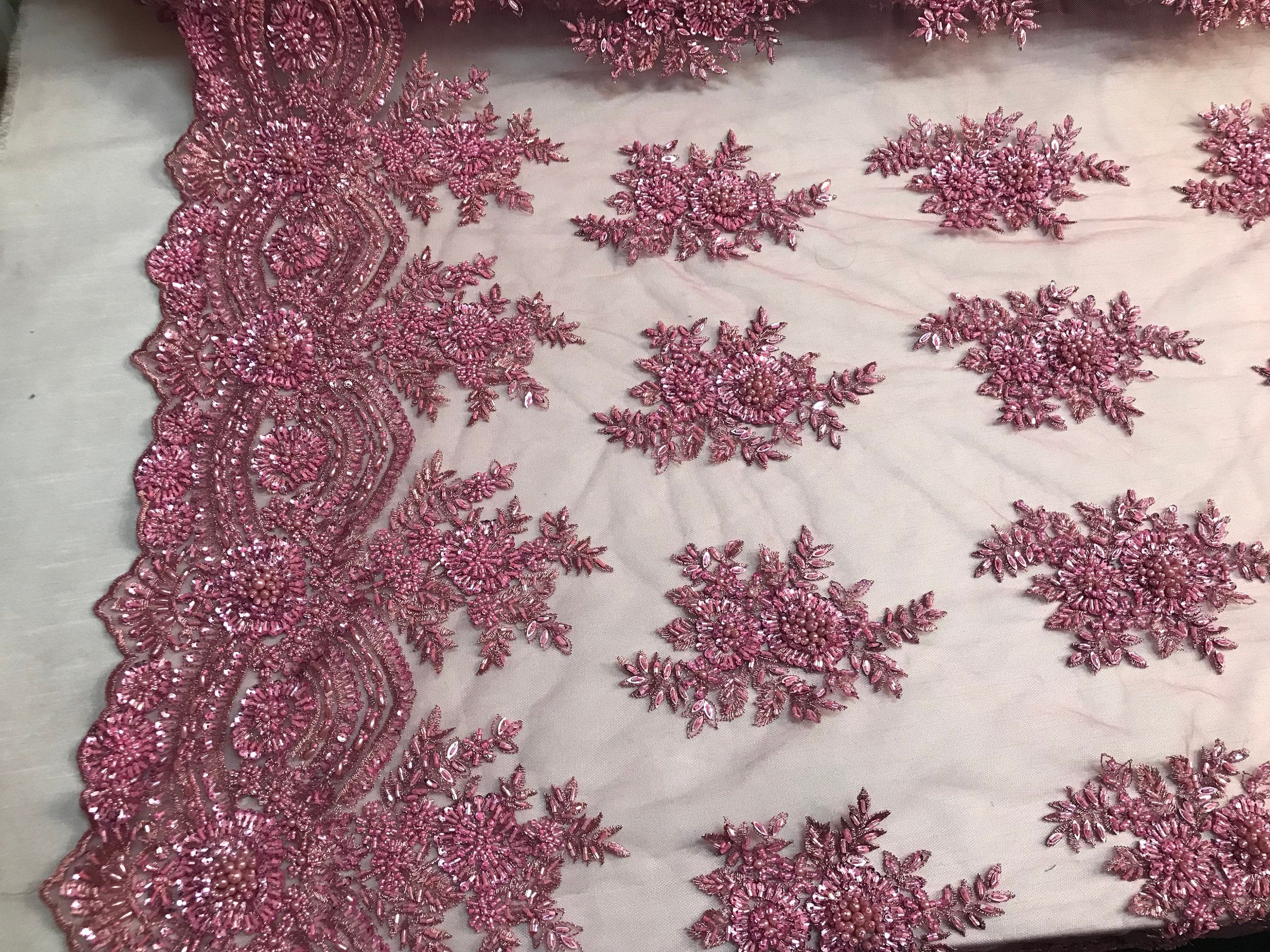 Beaded - Pink - Embroidered Floral Design Fancy Sequins Fabric with Beads Sold By The Yard