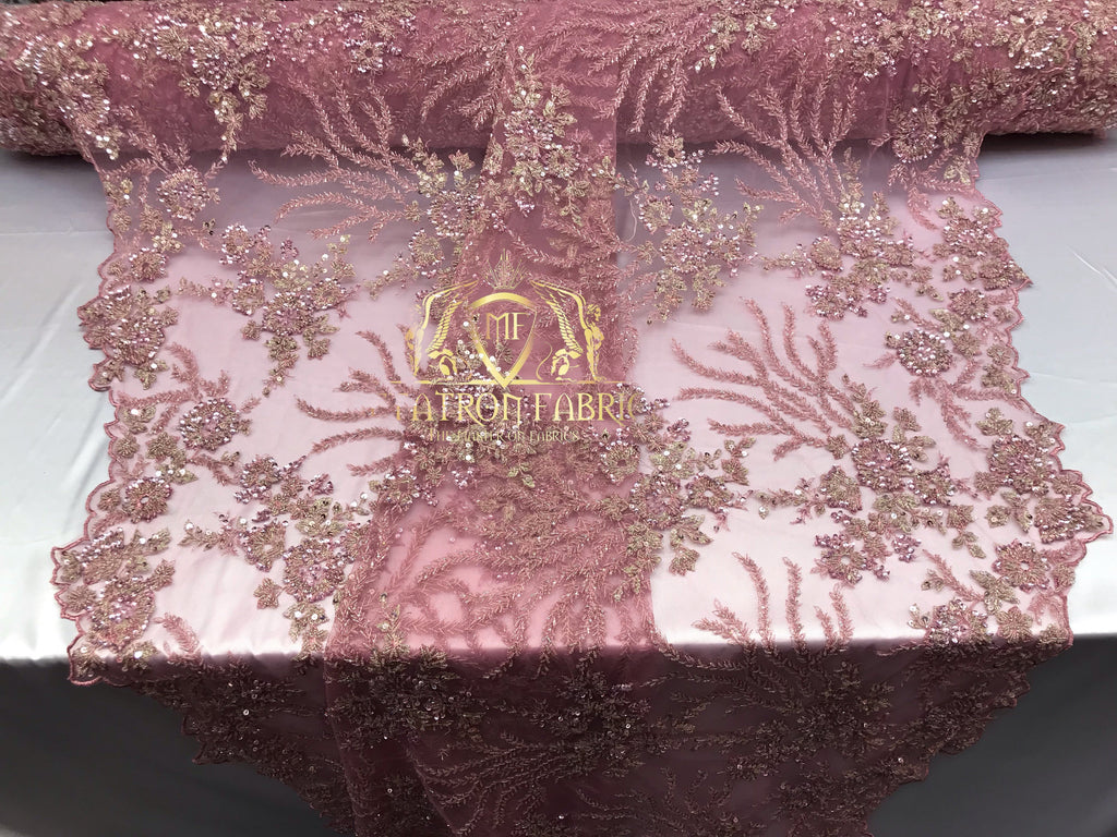 Beaded - Pink - Fancy Flower Design Sequins Fabric with Beads Sold By The Yard