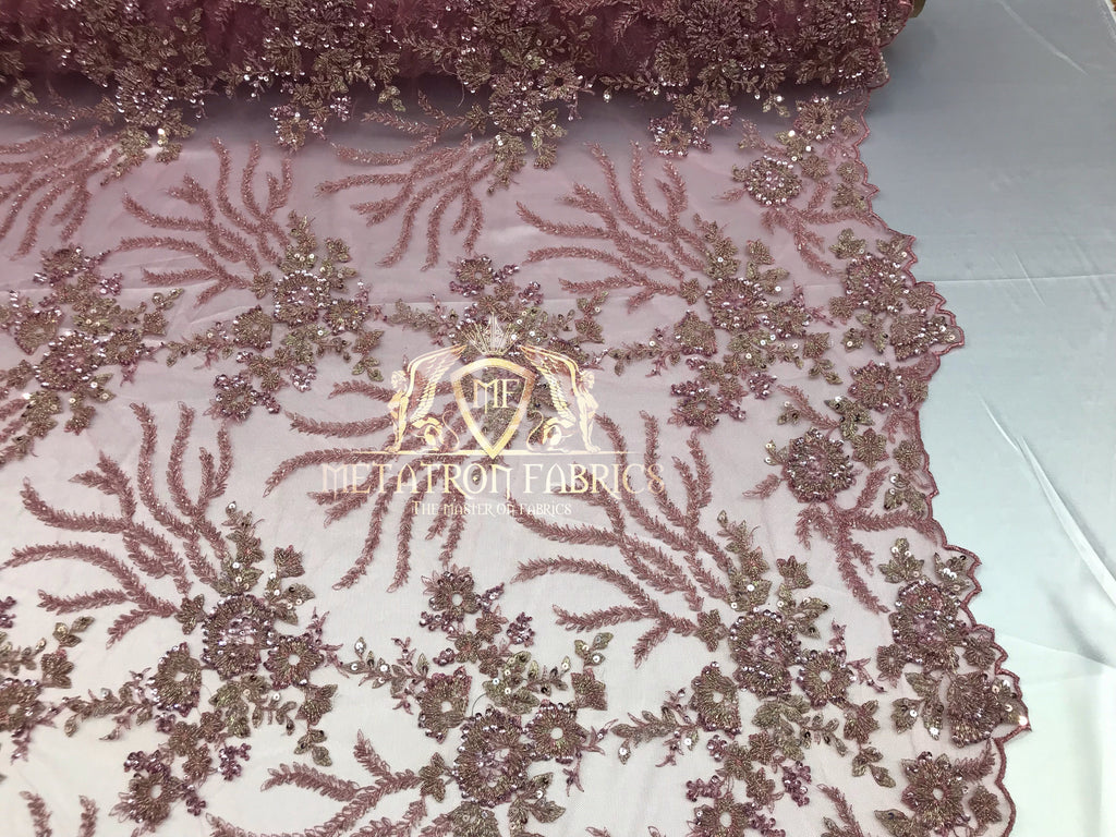 Beaded - Pink - Fancy Flower Design Sequins Fabric with Beads Sold By The Yard