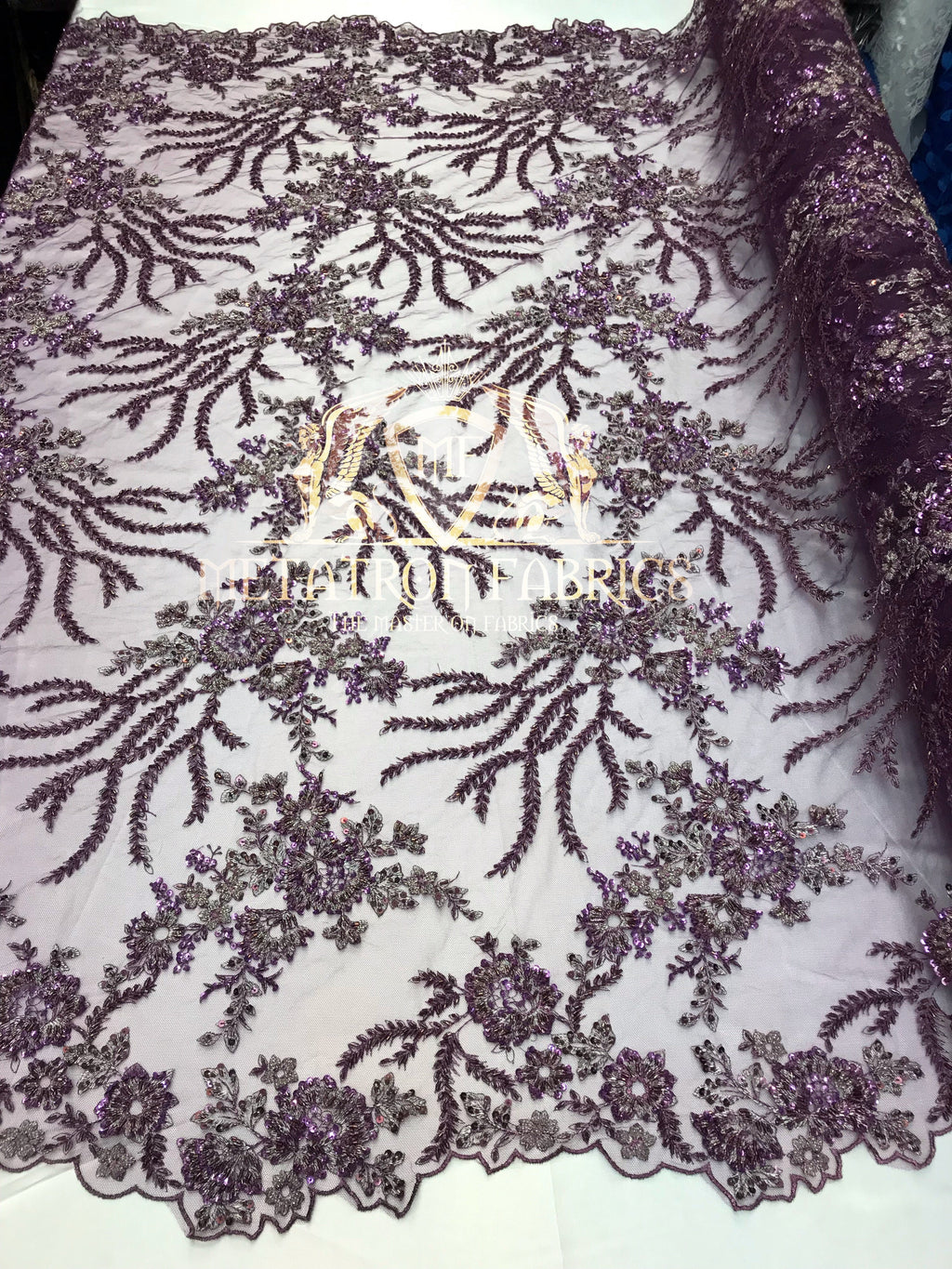 Beaded - Lilac Purple - Fancy Flower Design Sequins Fabric with Beads Sold By The Yard