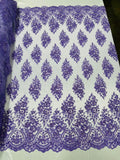 Floral Cluster Bead Fabric - Purple - Sold By The Yard - Embroidered Flower Beaded Fabric