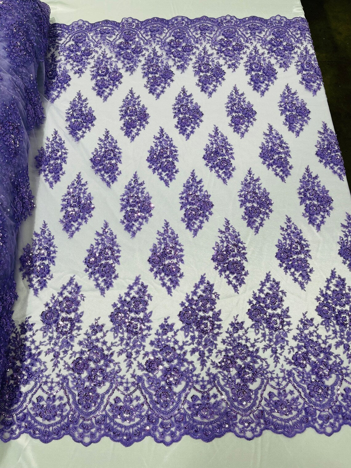 Floral Cluster Bead Fabric - Purple - Sold By The Yard - Embroidered Flower Beaded Fabric