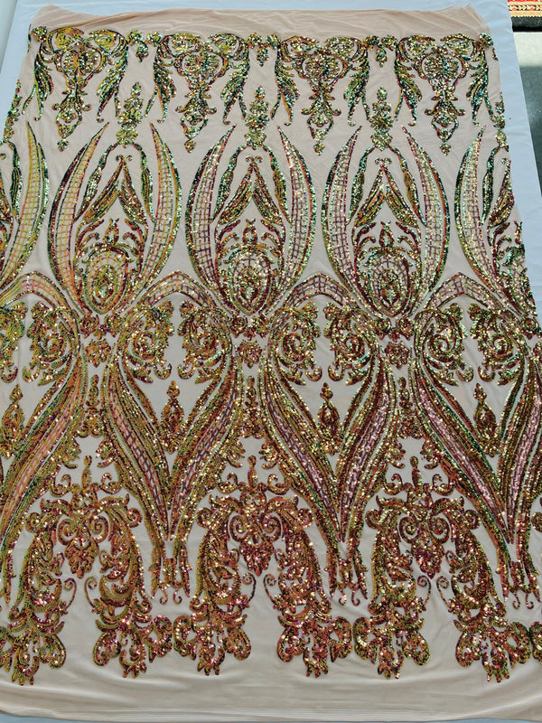 Big Damask Sequins Fabric - Purple Green - 4 Way Stretch Damask Sequins Design Fabric By Yard