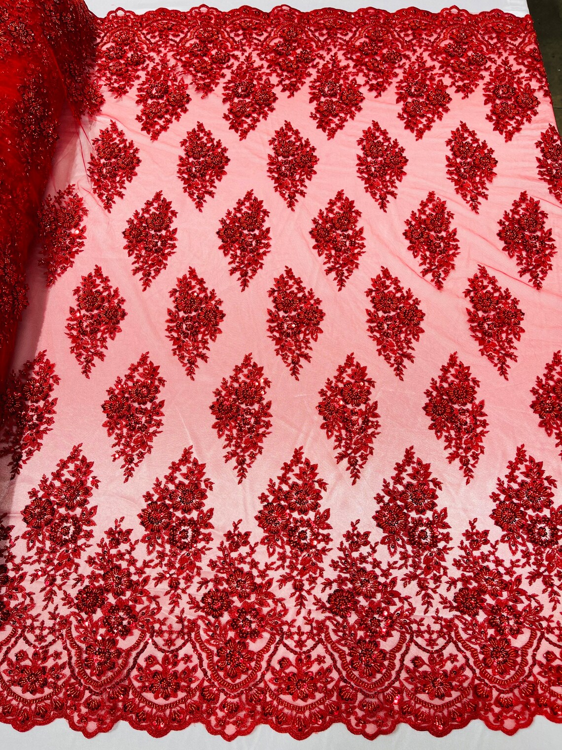 Floral Cluster Bead Fabric - Red - Sold By The Yard - Embroidered Flower Beaded Fabric