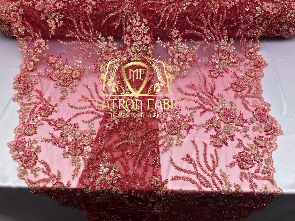 Beaded - Fuschia - Fancy Flower Design Sequins Fabric with Beads Sold By The Yard