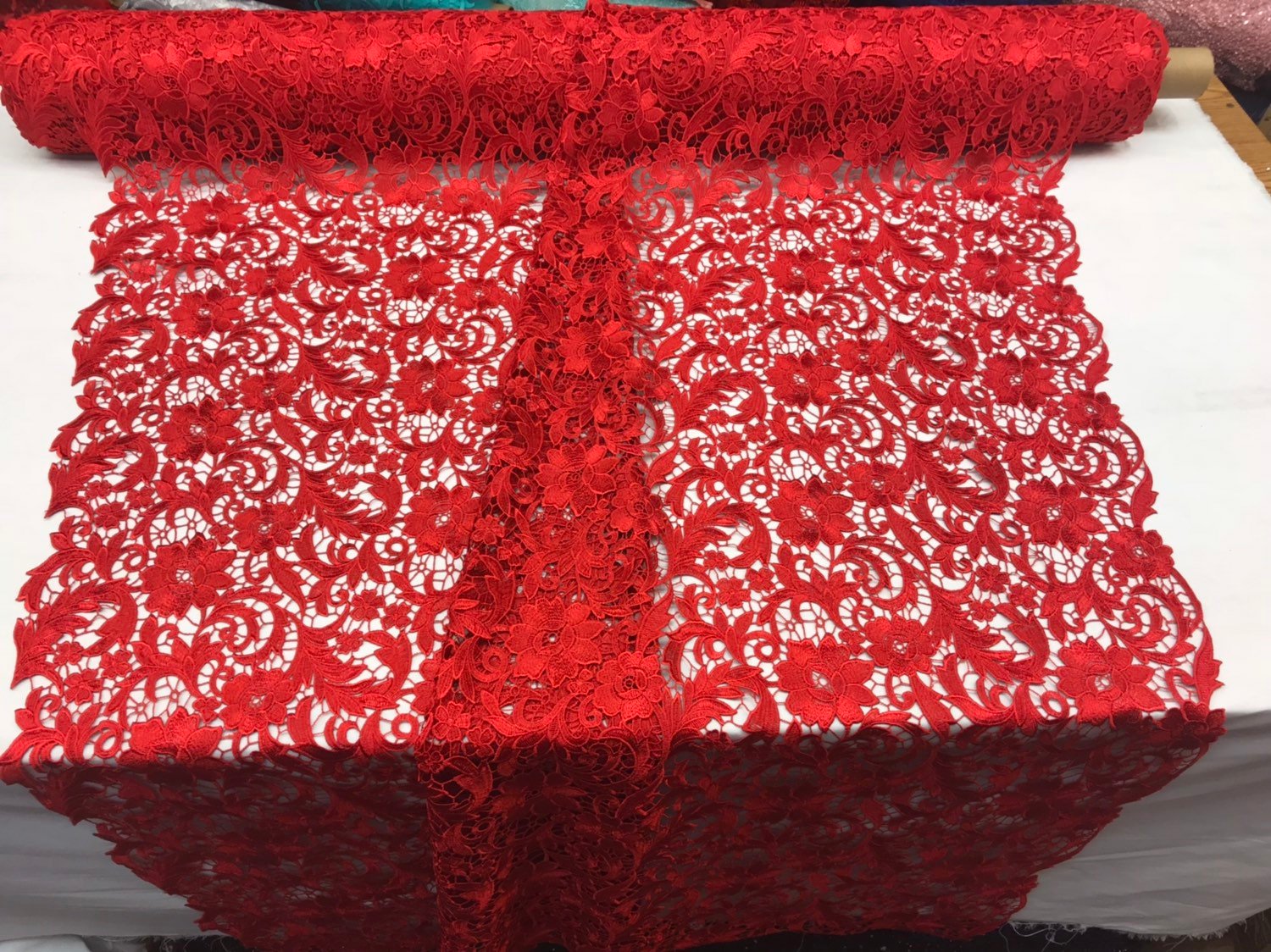 Guipure Lace Fabric - Red - Embroidered Floral Bridal Lace Guipure Wedding Dress By The Yard