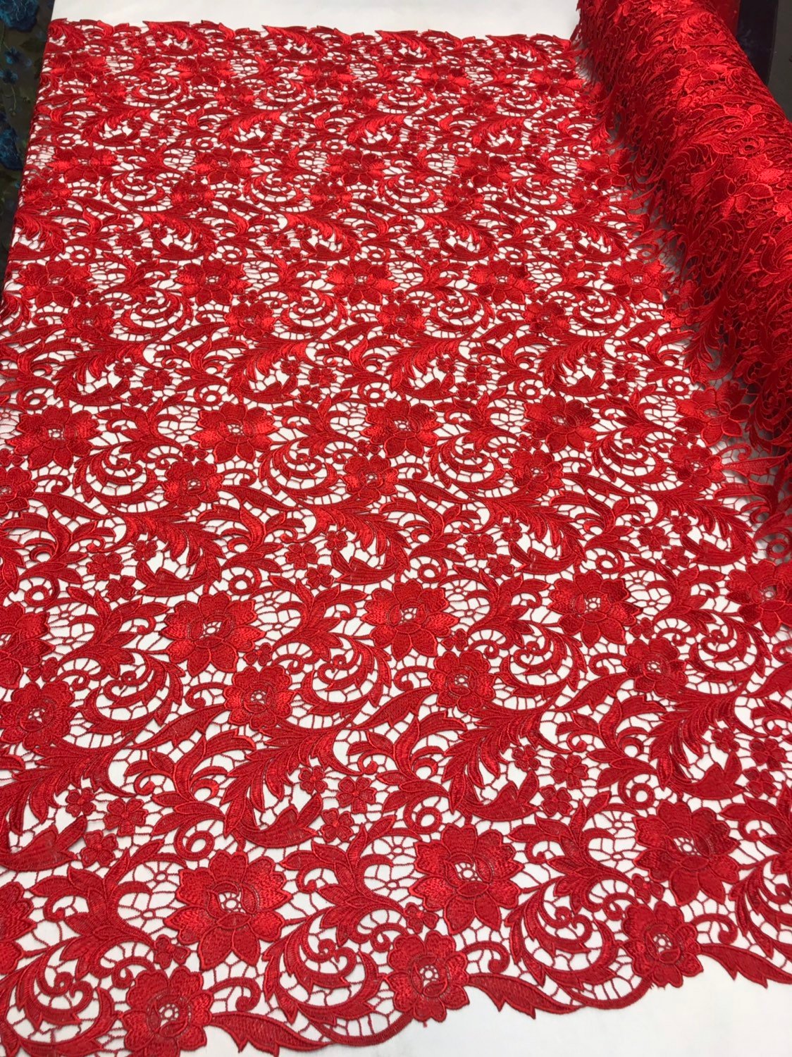 Guipure Lace Fabric - Red - Embroidered Floral Bridal Lace Guipure Wedding Dress By The Yard