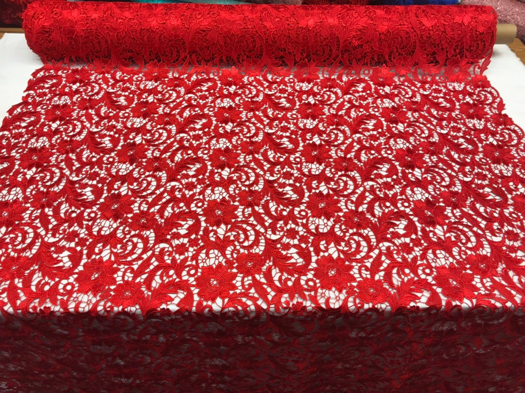 Guipure Lace Fabric - Red - Embroidered Floral Bridal Lace Guipure Wedding Dress By The Yard
