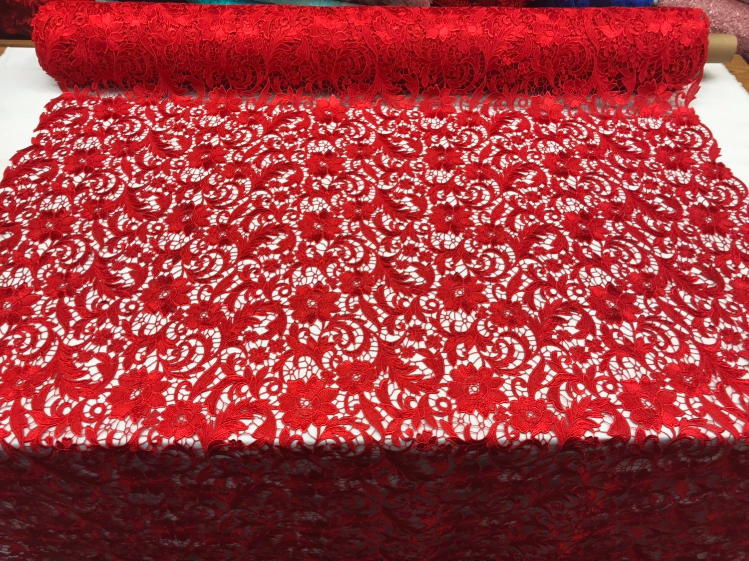 Guipure Lace Fabric - Red - Embroidered Floral Bridal Lace Guipure Wedding Dress By The Yard