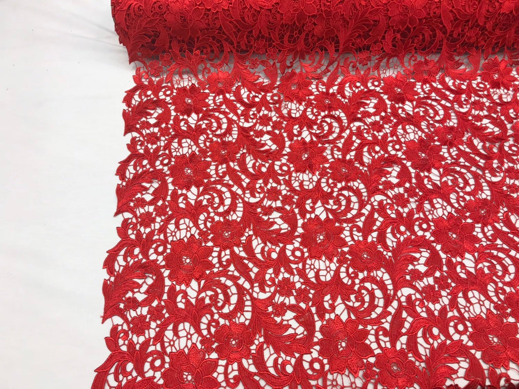 Guipure Lace Fabric - Red - Embroidered Floral Bridal Lace Guipure Wedding Dress By The Yard