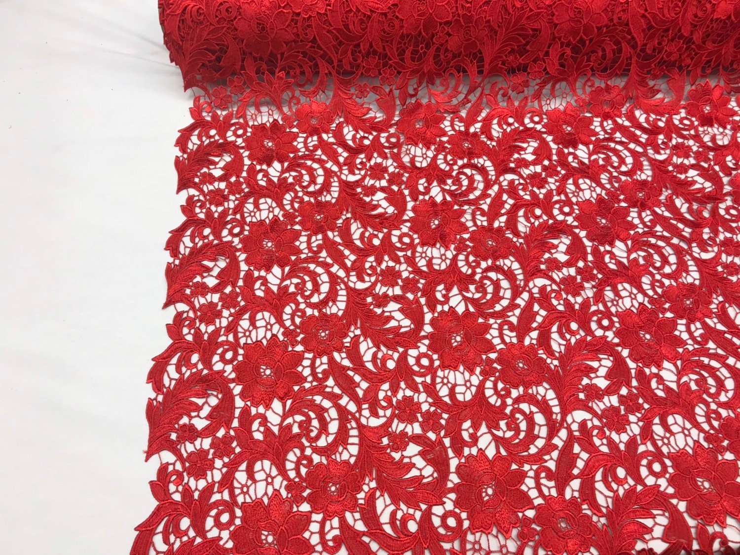 Guipure Lace Fabric - Red - Embroidered Floral Bridal Lace Guipure Wedding Dress By The Yard