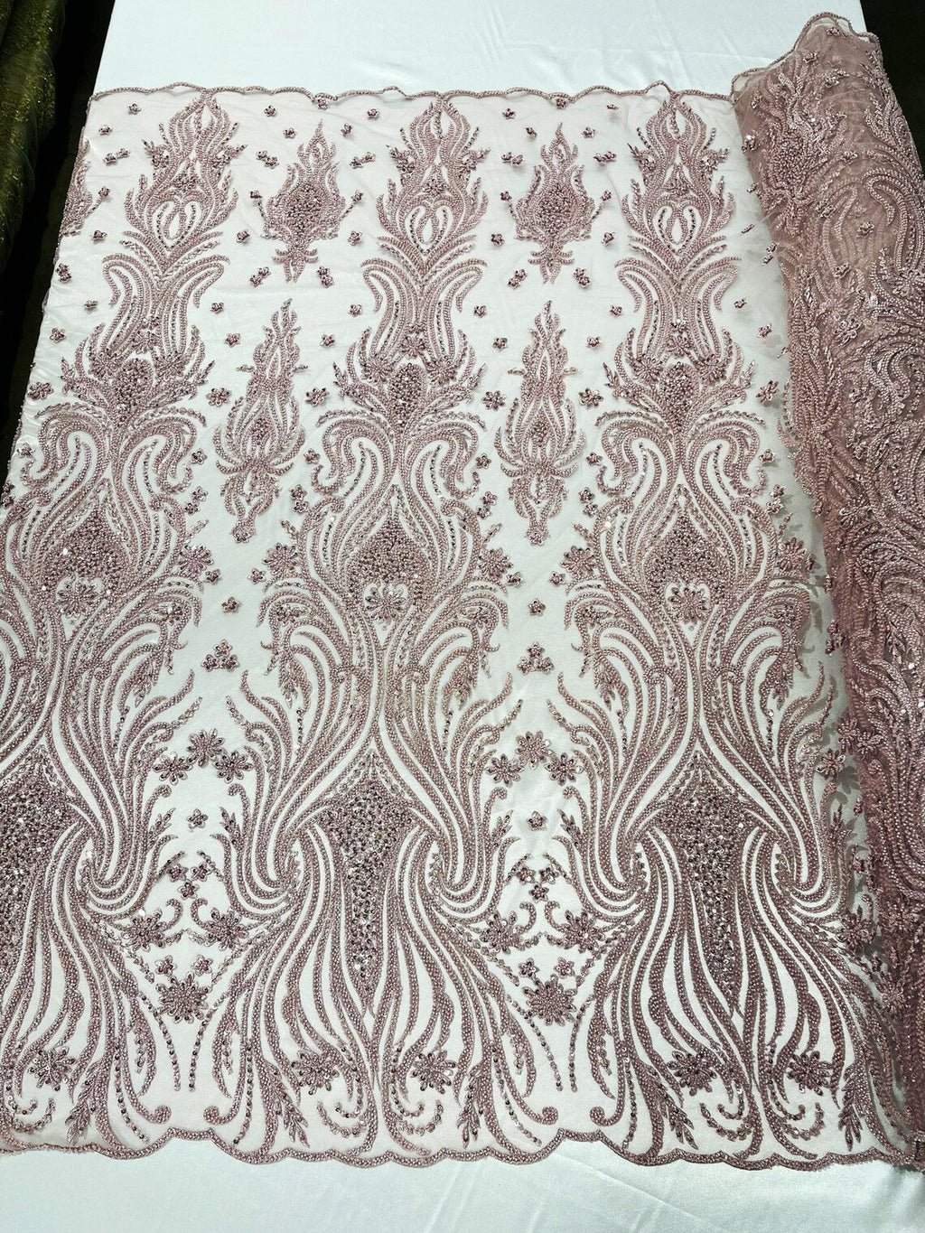 Luxury Bead Design - Rose - Floral Fabric Embroidered w/ Pearls-Beads on Mesh Lace By Yard