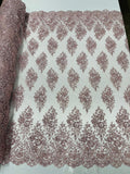 Floral Cluster Bead Fabric - Rose - Sold By The Yard - Embroidered Flower Beaded Fabric