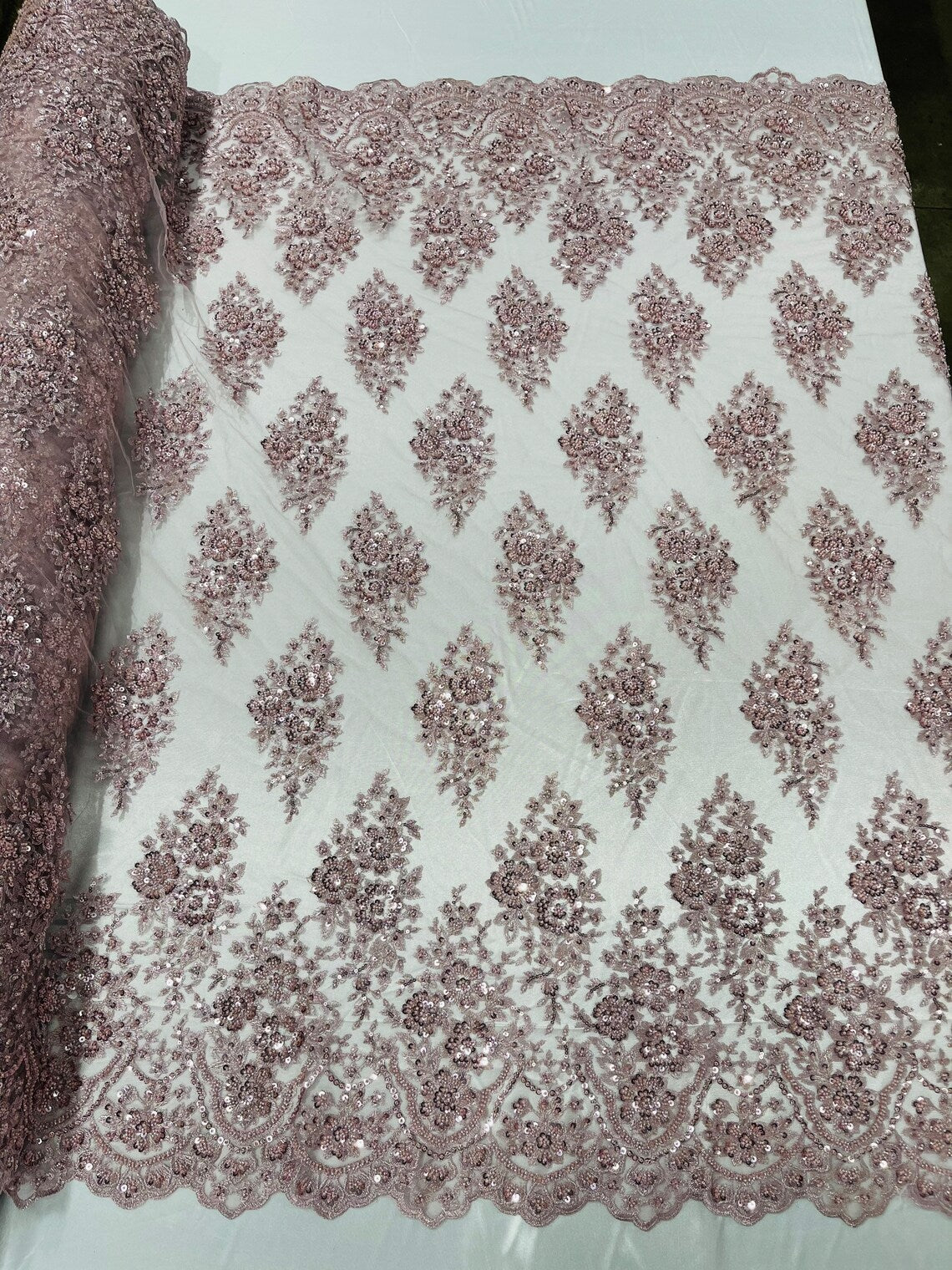 Floral Cluster Bead Fabric - Rose - Sold By The Yard - Embroidered Flower Beaded Fabric