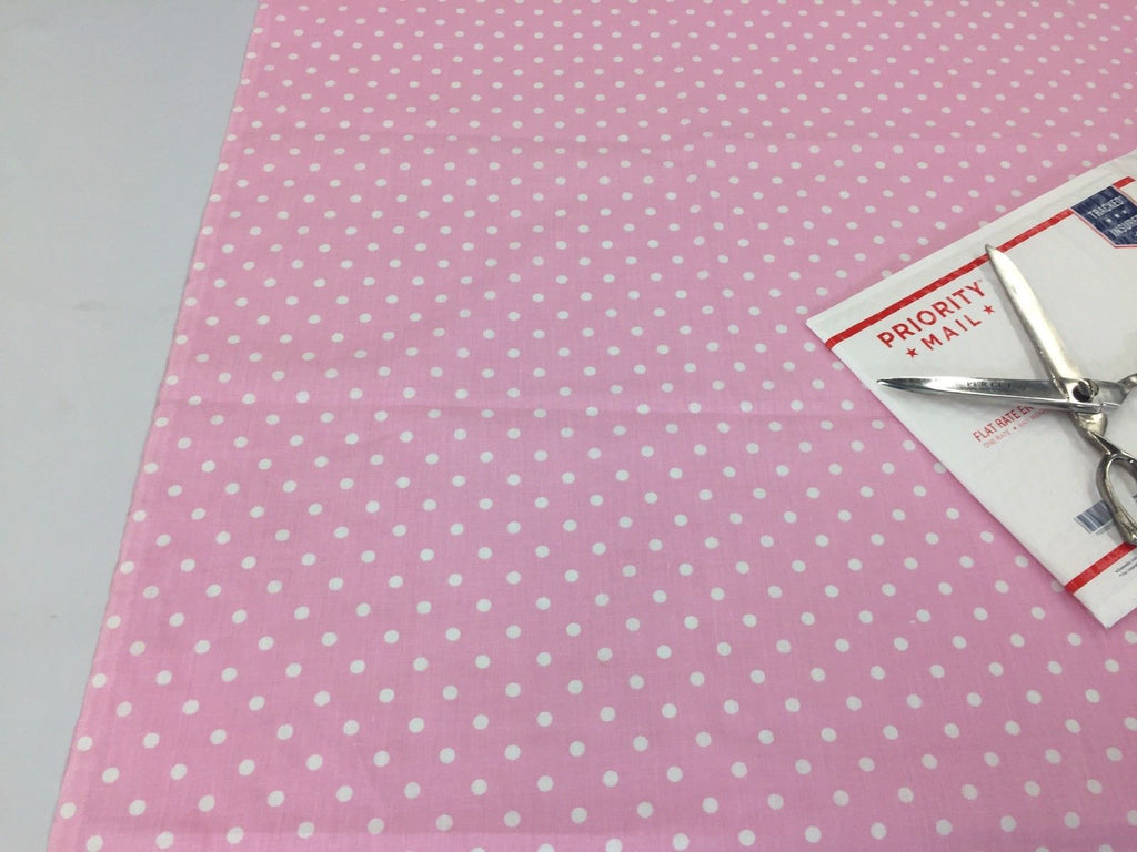 Poly Cotton Print Upholstery & Floral Fabric - Pink and White - Polka Dot Print - Sold By The Yard