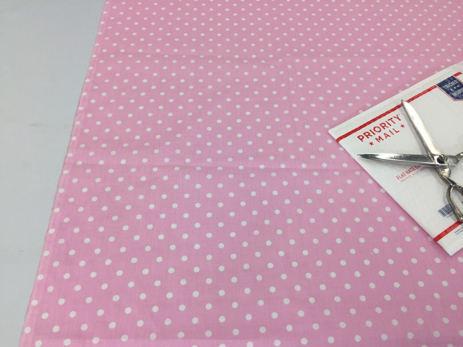 Poly Cotton Print Upholstery & Floral Fabric - Pink and White - Polka Dot Print - Sold By The Yard