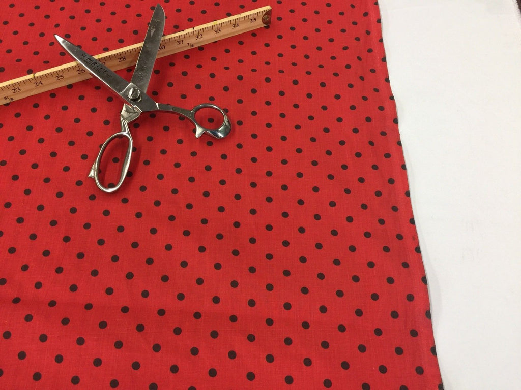 Poly Cotton Print Upholstery & Floral Fabric - Black and Red Polka Dot Print -  Sold By The Yard