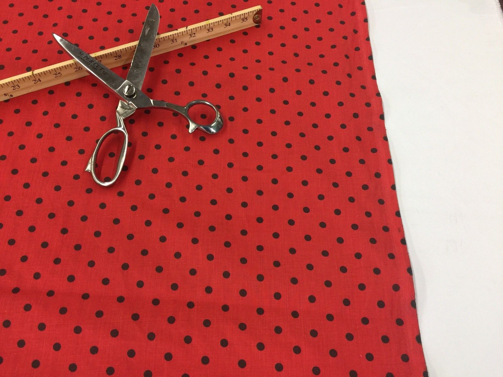 Poly Cotton Print Upholstery & Floral Fabric - Black and Red Polka Dot Print -  Sold By The Yard
