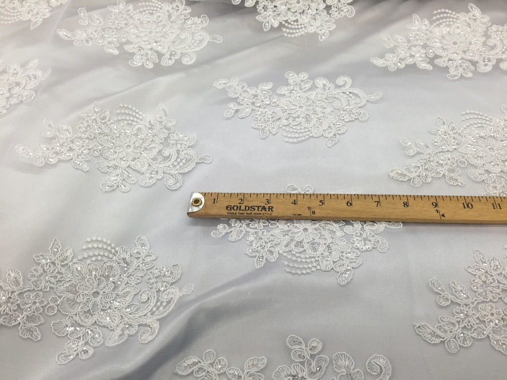 Wedding Dress - White - French Sequin Flower Design On Mesh Lace Fabric Sold By Yard
