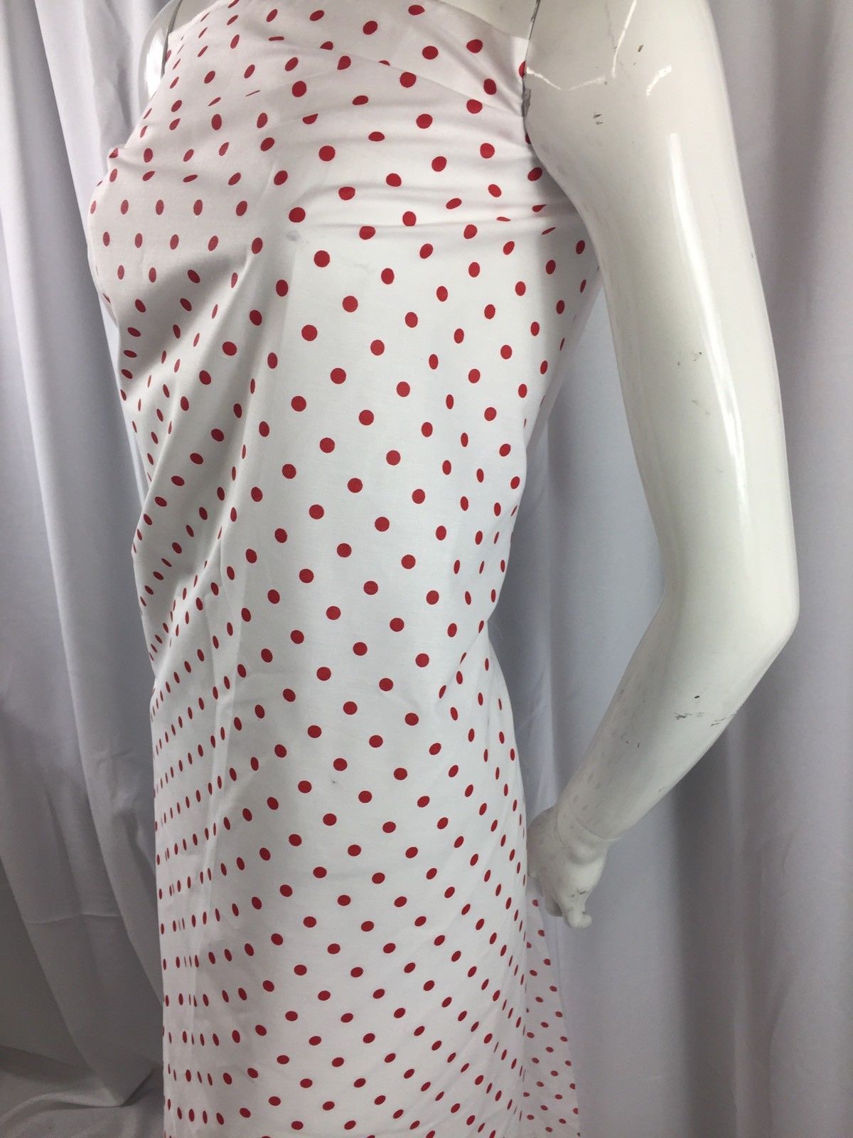 Poly Cotton Print Upholstery & Floral Fabric -White and Red Polka Dot Print - Sold By The Yard
